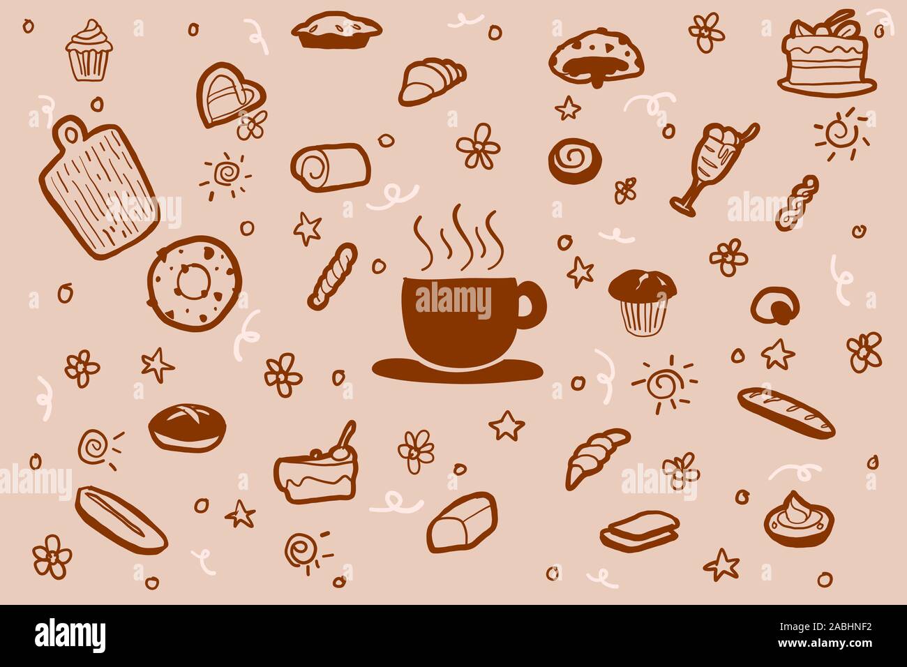 Zeichnung Doodle mit Kaffee und Bäckerei. Am besten für Tapeten oder Hintergrund Dekoration, Publishing, unterzeichnen, Banner Design. editierbar mit Ebenen Vektor krank Stock Vektor