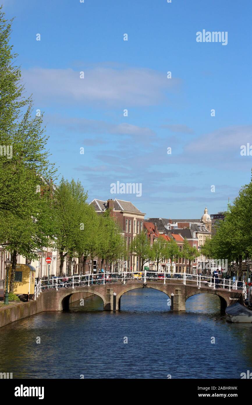 Anzeigen suchen an der Rapenburg Kanal auf der Doelenbrug, eine Brücke in der Altstadt von Leiden, Südholland, Niederlande an einem sonnigen Frühlingstag. Stockfoto