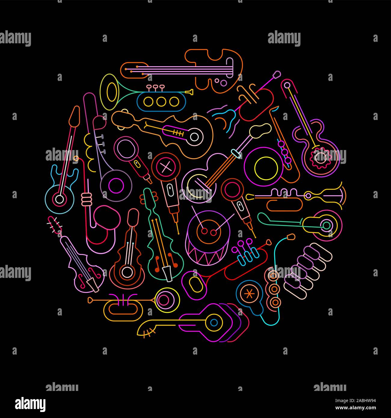 Neon Farben auf schwarzem Hintergrund Musikinstrumente, Mikrofone, runde Form vektor design isoliert. Ein Bündel von Musik instrument Symbole. Stock Vektor