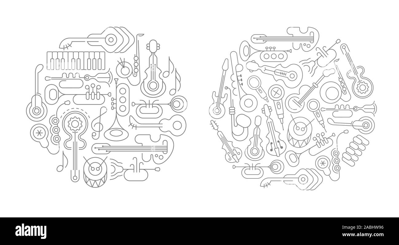 Zwei Möglichkeiten der musikalischen Instrumente und Mikrofone, runde Form vektor design. Schwarze Linie kunst auf einem weißen Hintergrund. Ein Bündel von Musik instru Stock Vektor