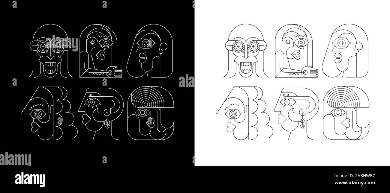 Zwei Optionen: weiße Silhouetten auf einem schwarzen Hintergrund/Schwarz auf weißem Hintergrund sechs Gesichter Vector Illustration Silhouetten. Zusammensetzung der sechs Leitungen Stock Vektor