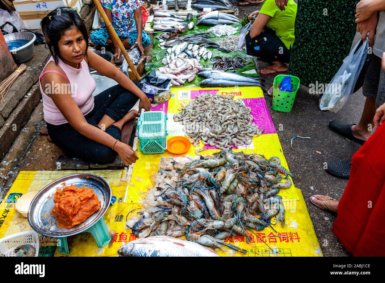 Die Menschen vor Ort Verkauf von frischem Fisch und Meeresfrüchte an der 26. Street Market, Yangon, Myanmar. Stockfoto