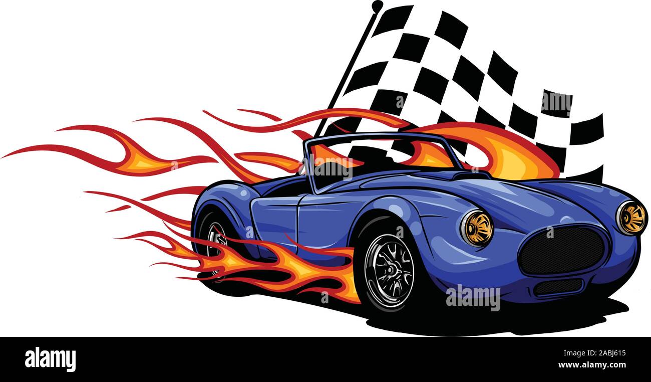 Vector Illustration Muscle Car mit Flammen und Race flag Stock Vektor