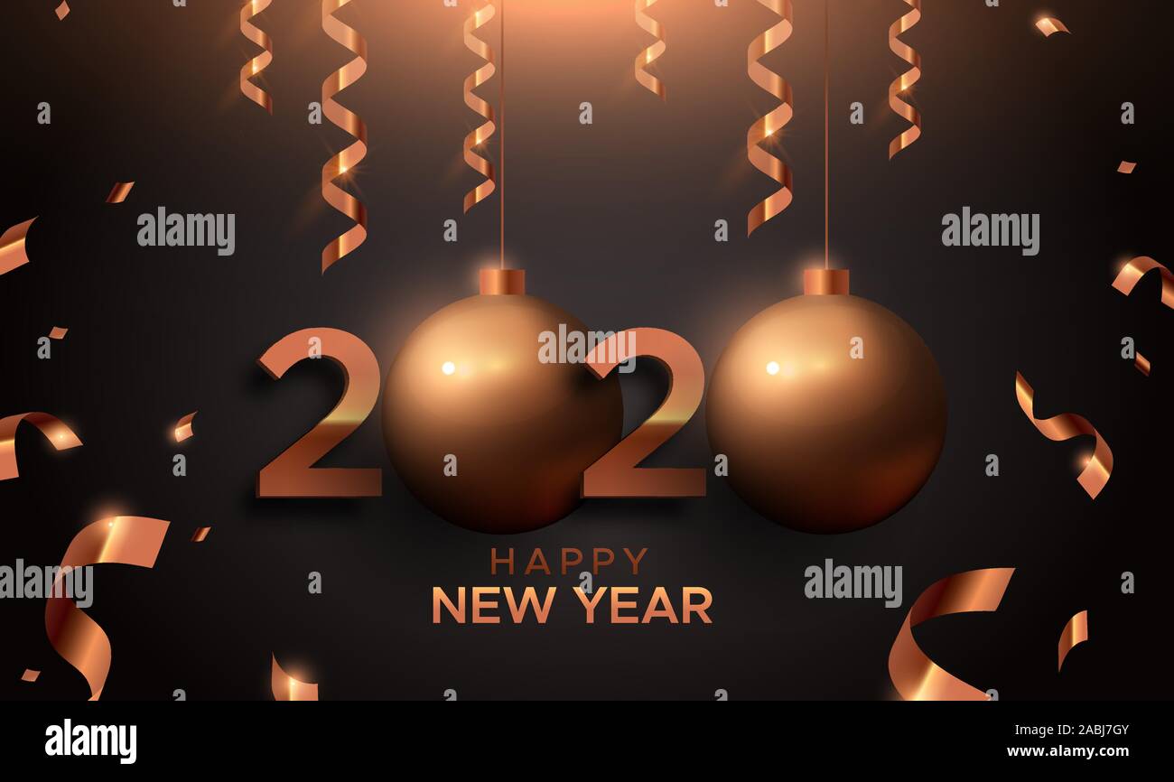 Frohes Neues Jahr Karte, rote Kupfer 2020 Christbaumkugel ornament unterzeichnen. Bronze Typografie Anzahl Hintergrund für Party Einladung oder Jahreszeiten Gruß. Stock Vektor