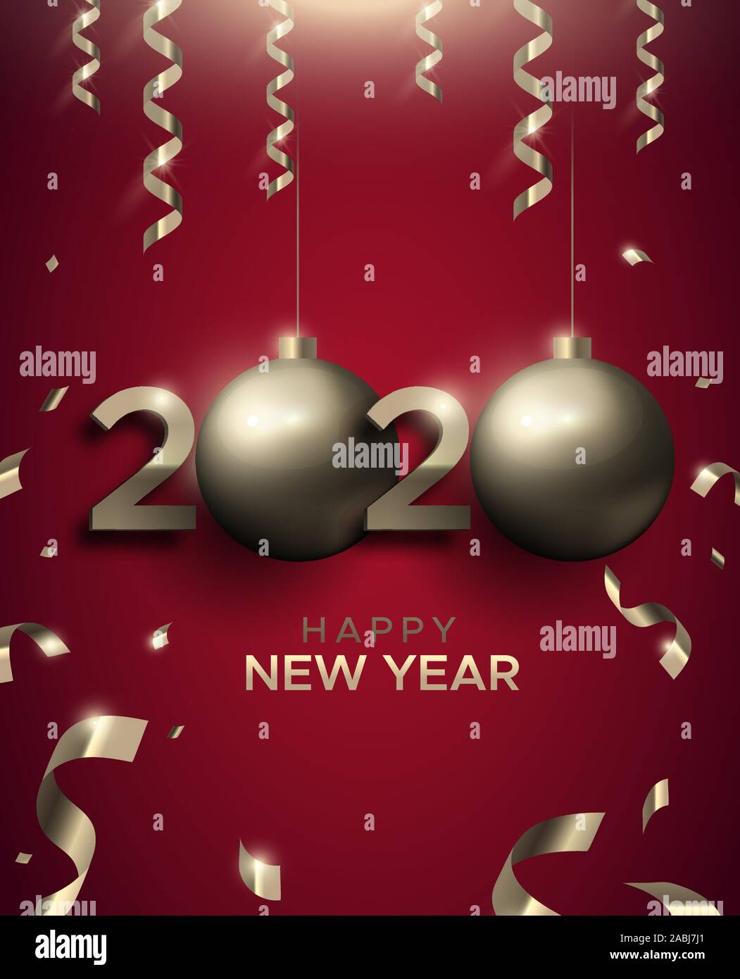 Happy New Year Karte, Gold 2020 Christbaumkugel ornament unterzeichnen. Luxus Typografie Anzahl Hintergrund für Party Einladung oder Jahreszeiten Gruß. Stock Vektor