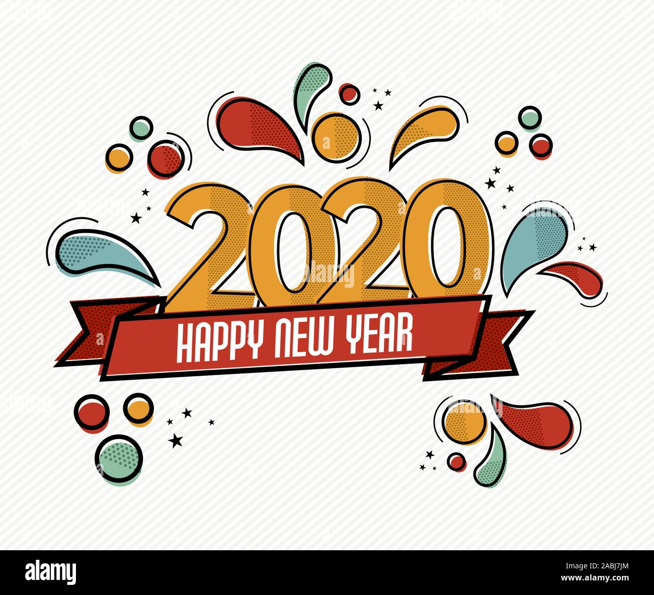 Frohes Neues Jahr 2020 pop art Grußkarte Abbildung von bunten Kalender Datum Anzahl mit lustigen Comic Stil eingerichtet. Stock Vektor