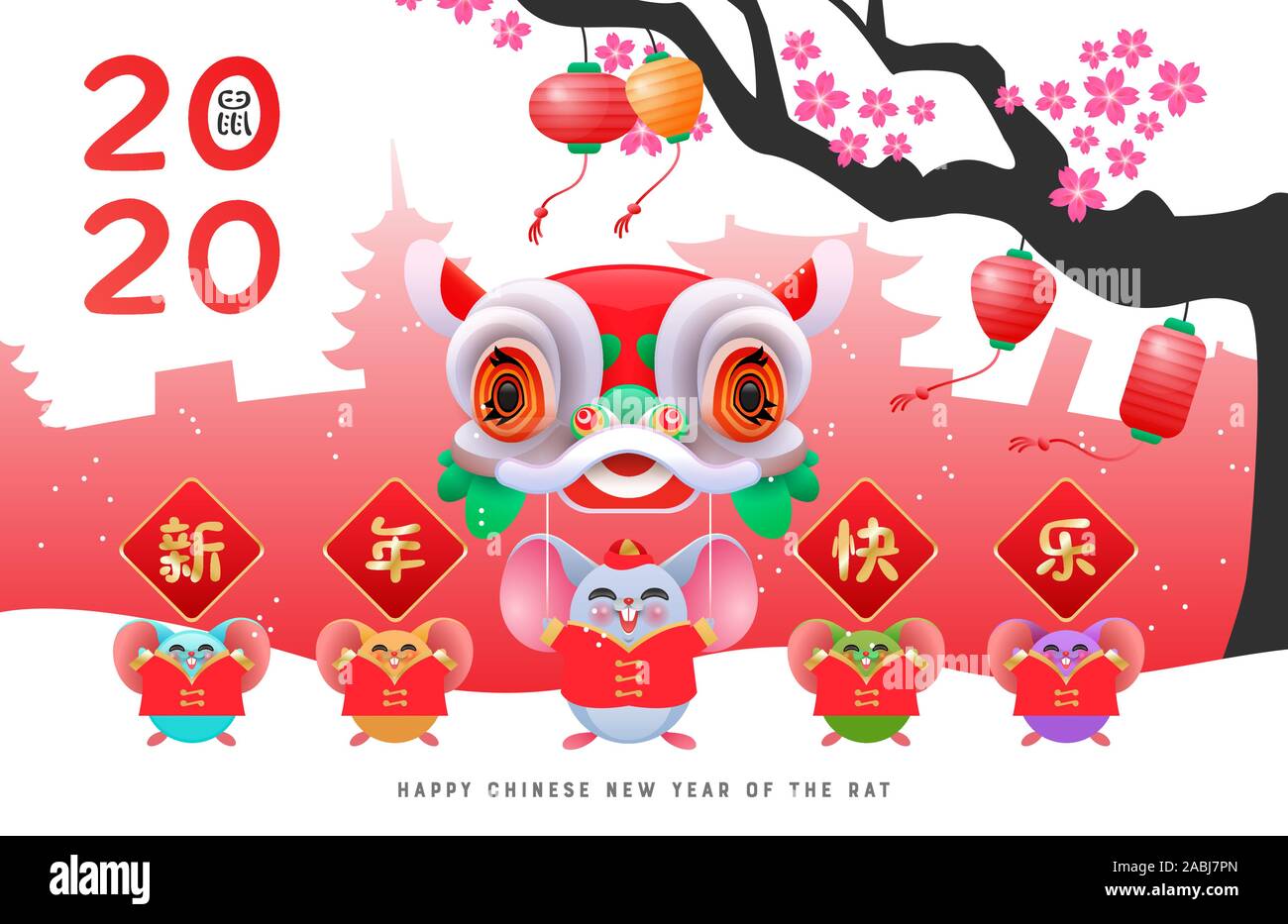 Chinesisches Neujahr 2020 Grußkarte von kleinen bunten Ratten in verschiedenen Farben mit traditionellen Kostüm, Pflaume- Baum und Tanz Löwe Drache. Calli Stock Vektor