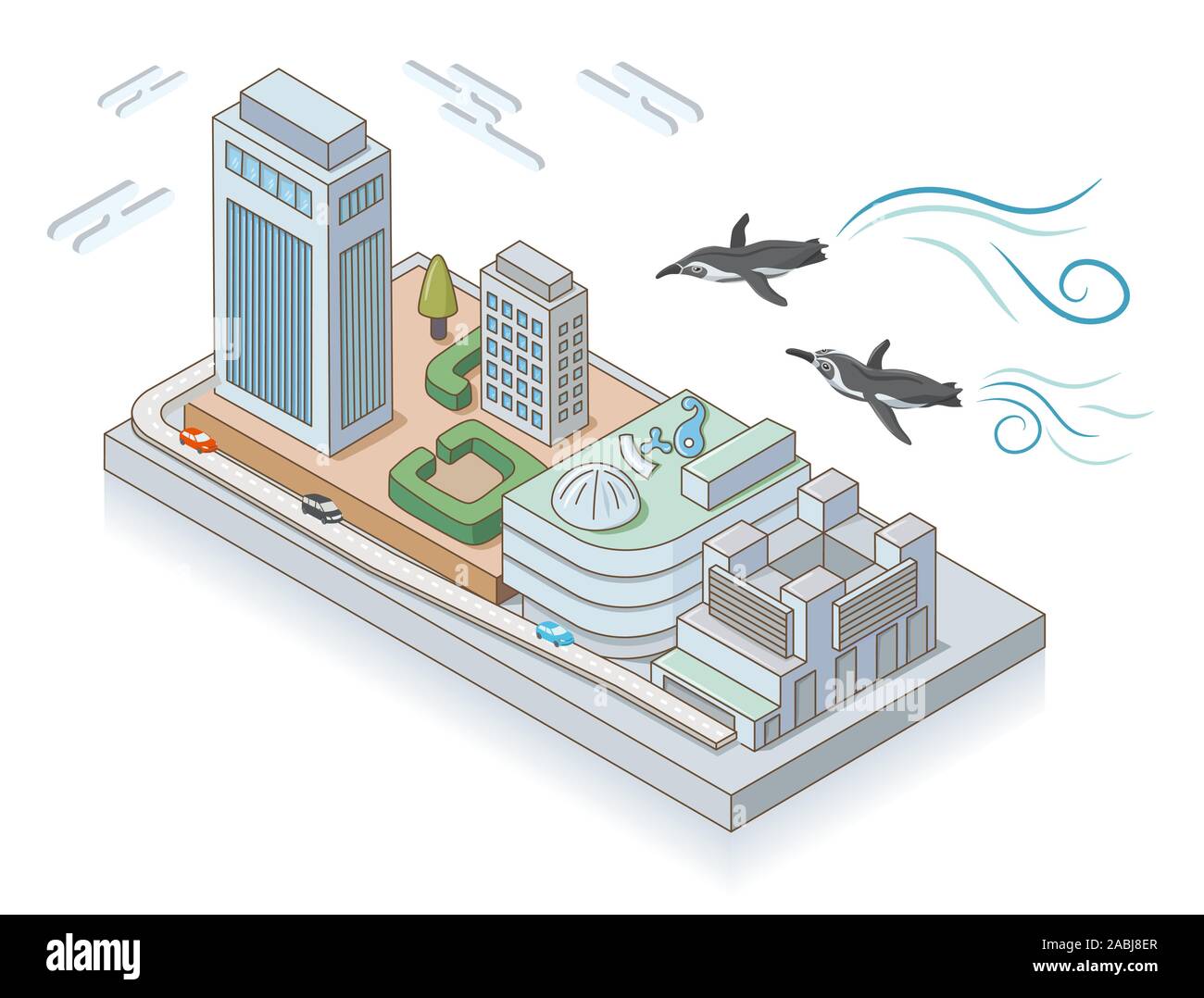 Sunshine City und fliegende Pinguine in Ikebukuro, Tokio. Weißer Hintergrund. isometrische Darstellung. Stockfoto