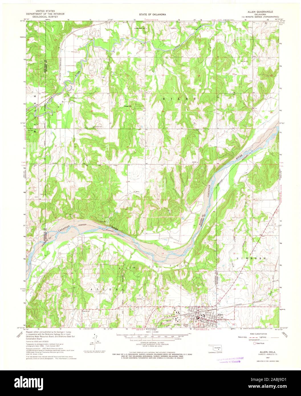 USGS TOPO Karte Oklahoma OK Allen 705317 1967 24000 Wiederherstellung Stockfoto