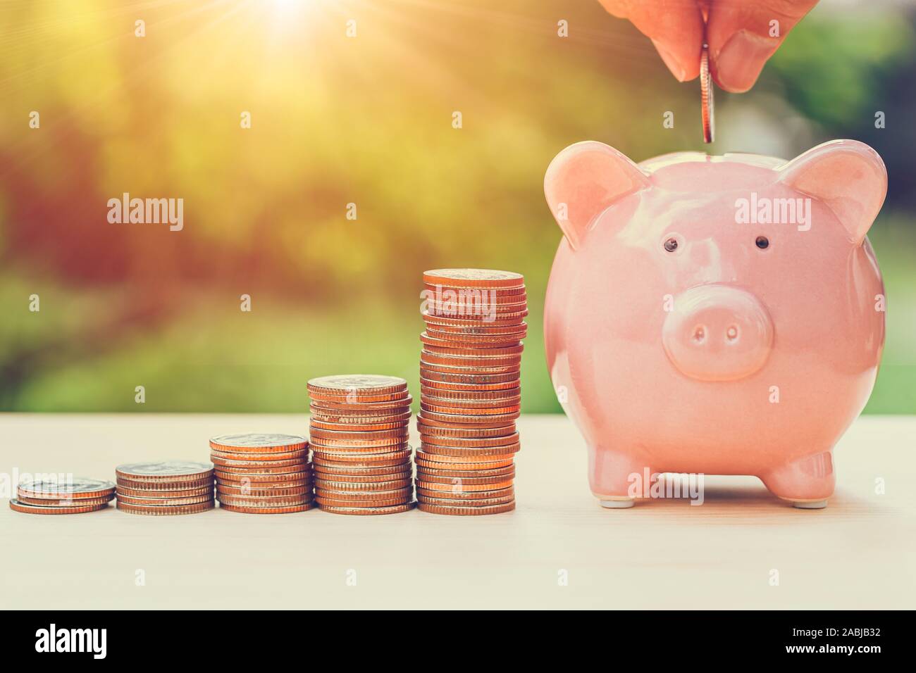 Münzen Geld Reichtum Einkommen sparen mit sparschwein Konzept outdoor mit Sonnenschein Natur Hintergrund. Stockfoto