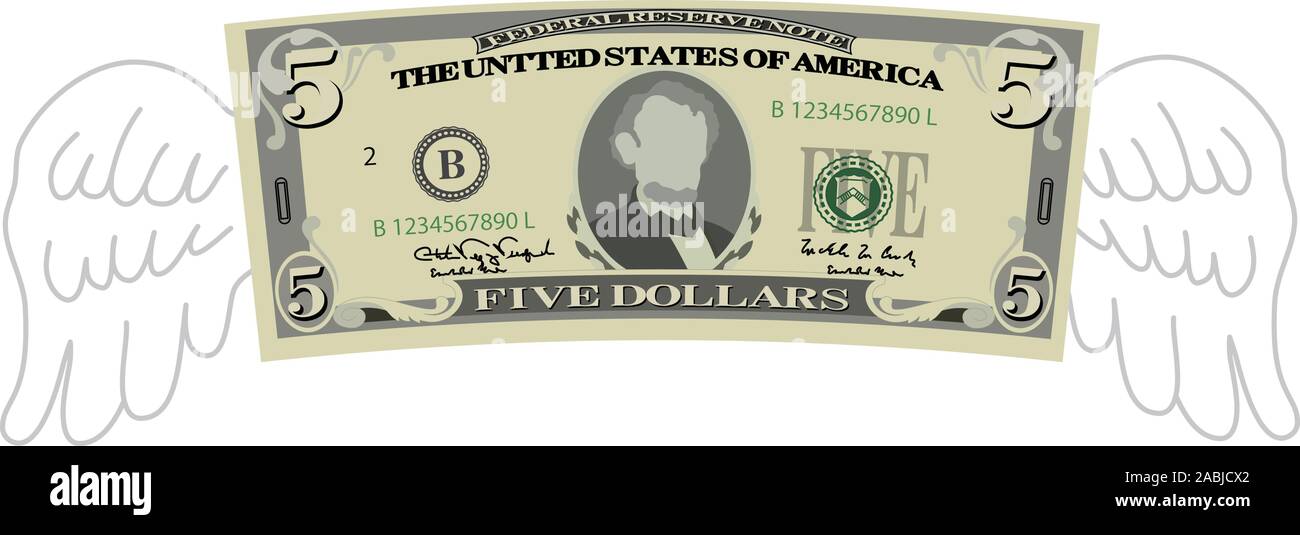 Dies ist eine Abbildung der gefiederten Verformt 5 Dollar Note Stock Vektor