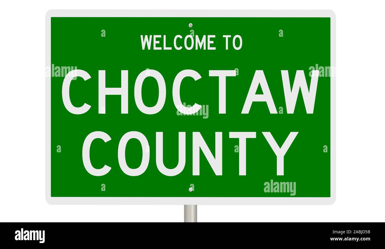 Rendering von einem grünen 3d Autobahn Zeichen für Choctaw County Stockfoto