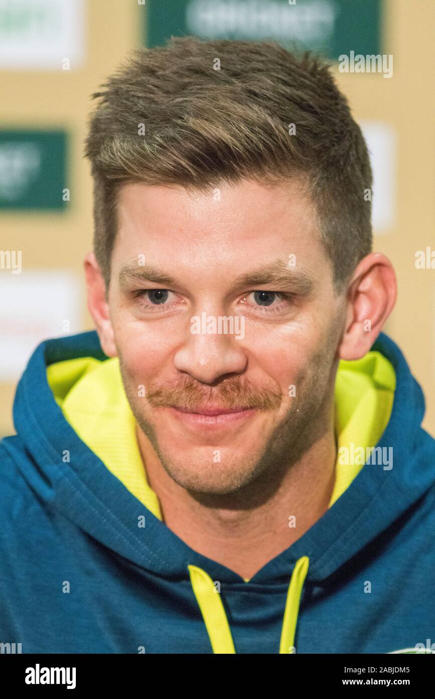 Adelaide, Australien, 28. November 2019. Australien Grille Test Kapitän Tim Paine gibt einen Medien Interview vor der zweiten Domain Tag Nacht mit einem rosa Ball, der am Freitag zwischen Australien und Pakistan an der Adelaide Oval beginnt zu testen. Australien führt 1-0 im 2 Spiel der Serie. Credit: Amer ghazzal/Alamy leben Nachrichten Stockfoto