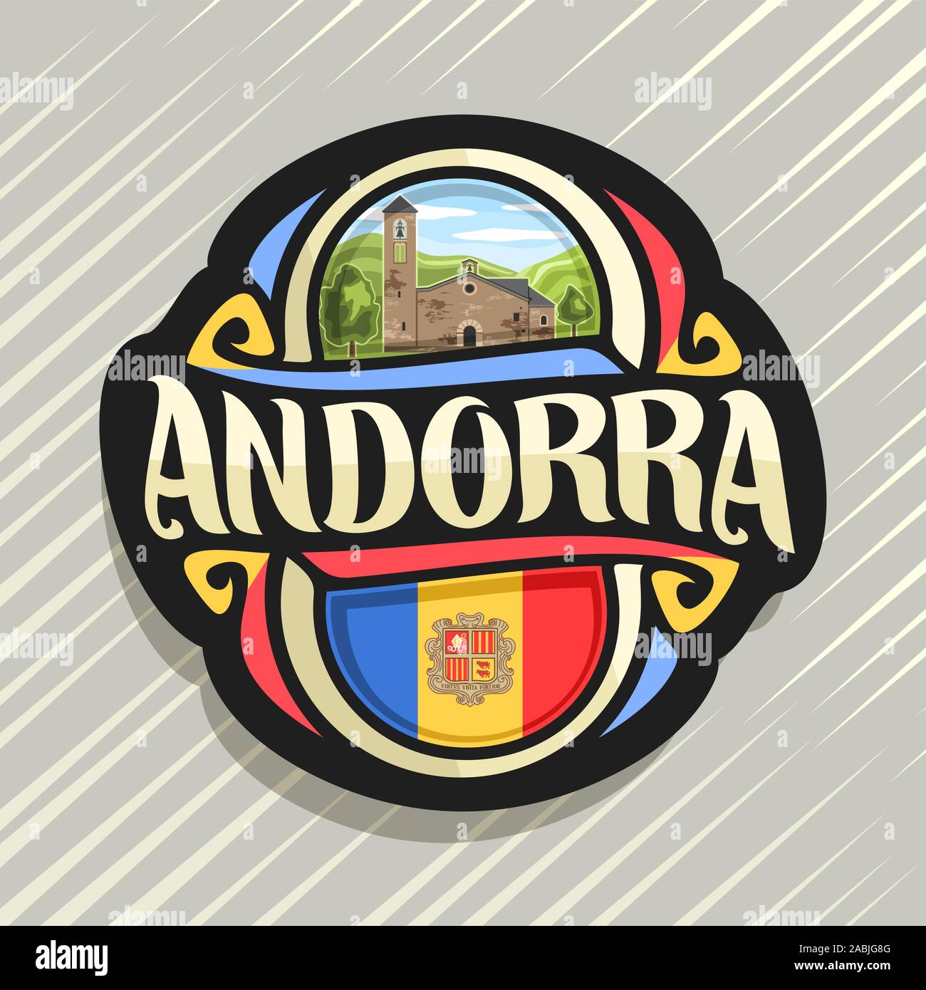 Vektor logo für Andorra Land, Kühlschrank Magnet mit Andorra Flagge, original brush Schrift für Wort Andorra und nationalen andorranischen Symbol - Kirche Sant Stock Vektor