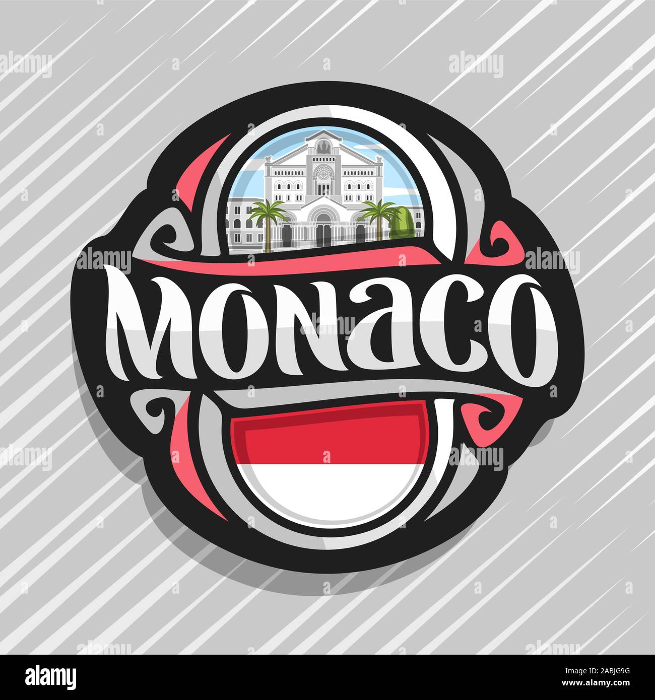 Vektor logo für Monaco Land, Kühlschrank Magnet mit Monegassischen Staat Flagge, original brush Schrift für Word Monaco und nationales Symbol - Saint Nicholas Stock Vektor