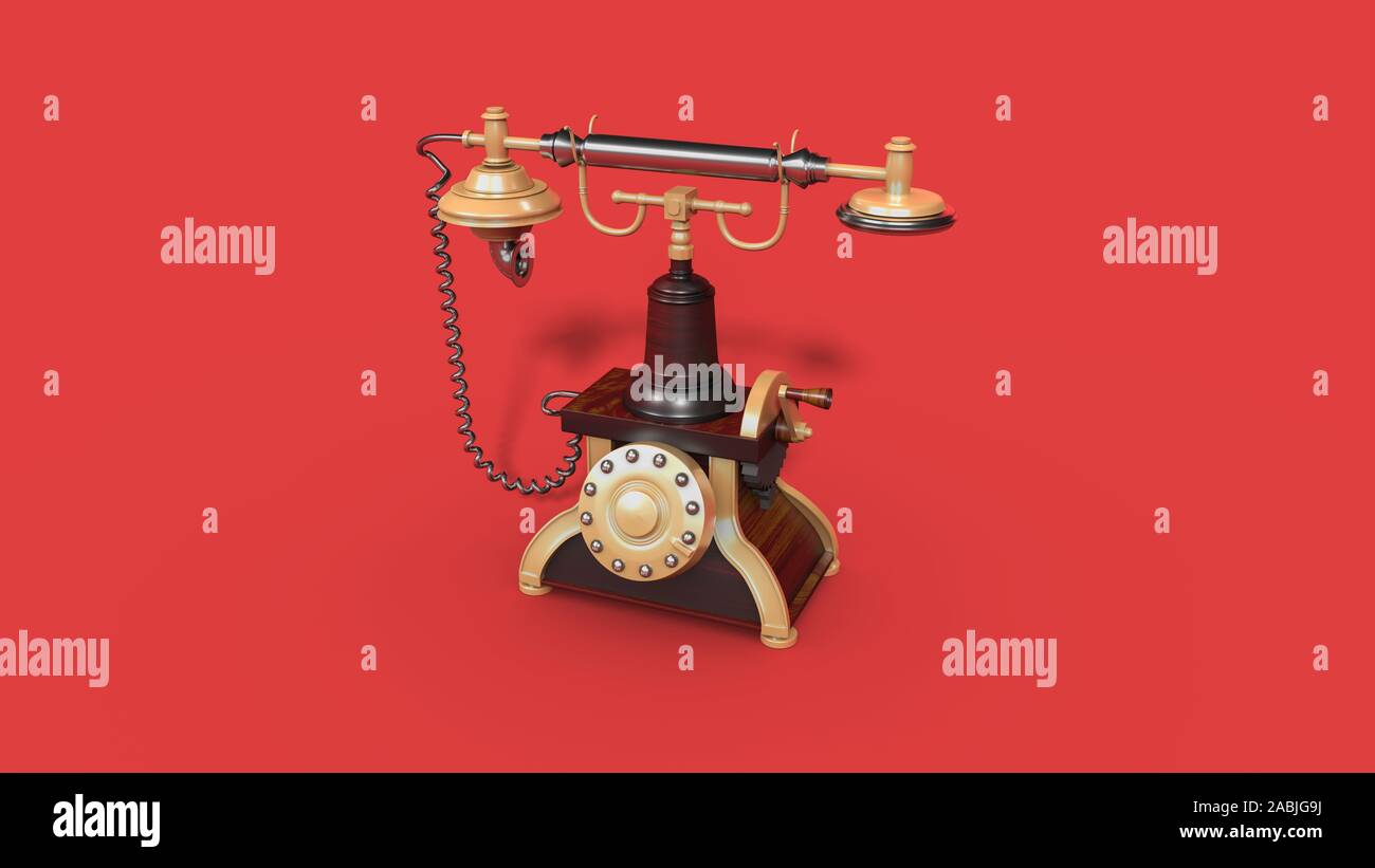 Jahrgang Telefon. Retro alten Telefon auf rotem Hintergrund isoliert. 3D-Darstellung Stockfoto