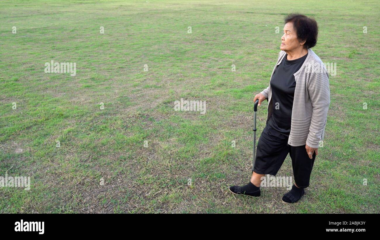 Ältere Frau Walking mit Stock im Gras Feld Stockfoto