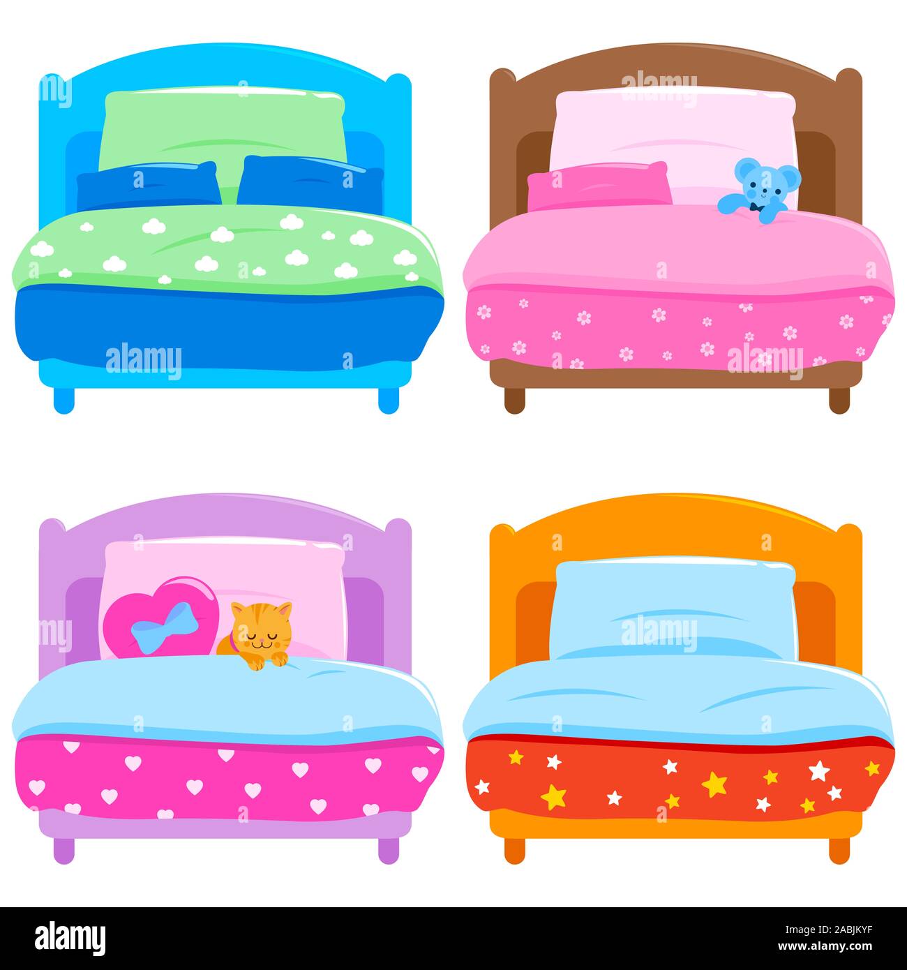 Sammlung von Kinderbetten mit bunten Decken. Kinderzimmer. Betten für Jungen und Mädchen zum Schlafen. Bettsammlung. Stockfoto