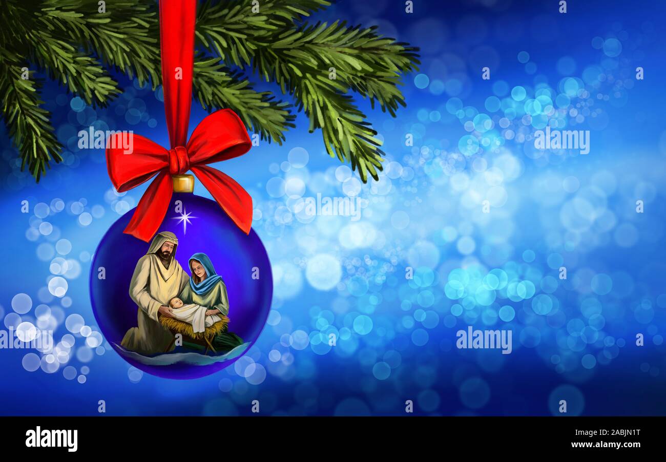 Weihnachtsgeschichte. Weihnachten, Maria, Josef und das Kind Jesus, Sohn Gottes, Weihnachten dekorative Spielzeug mit roter Schleife auf einer festlichen Hintergrund, Kunst krank Stockfoto