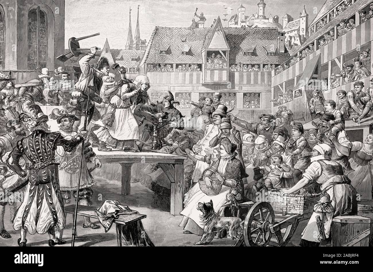 Die Leistung eines Karnevals Parodie von Hans Sachs, Heilsbronner Hof, Nürnberg, Deutschland, Europa, 16. Jahrhundert Stockfoto