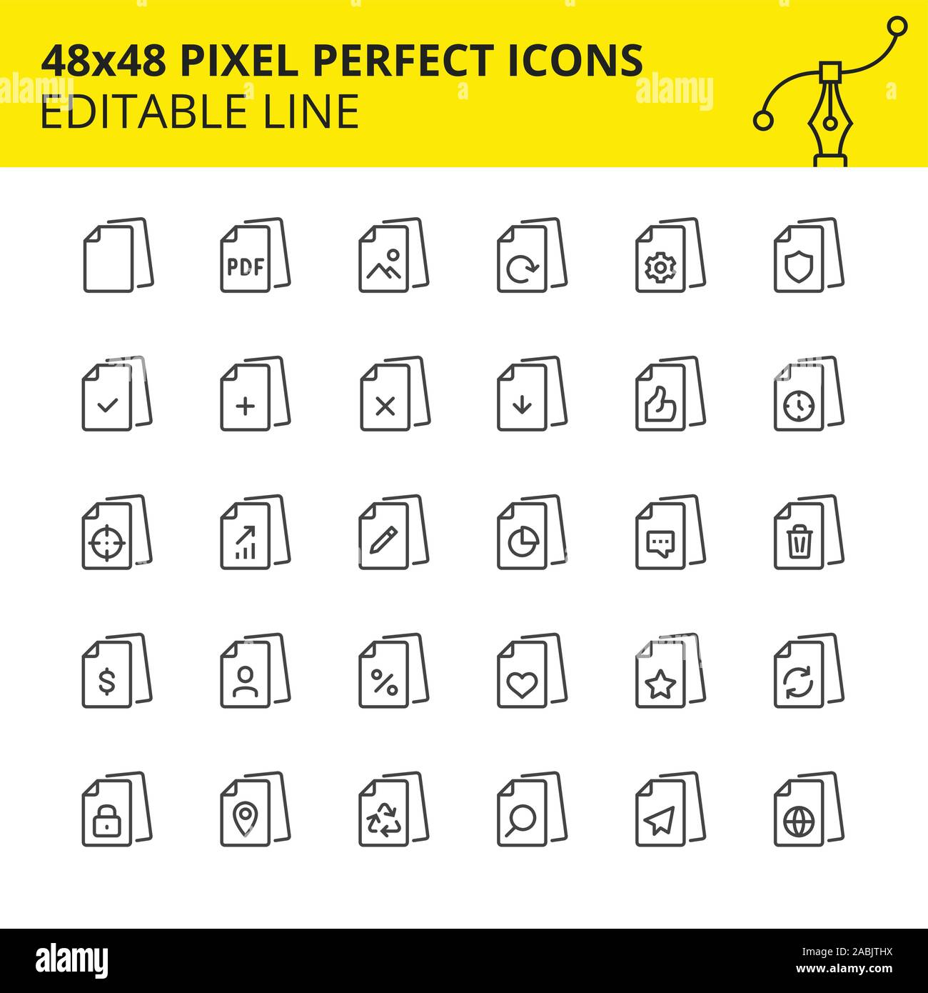 Editierbare Ikonen der Dateien, den Fluss des Dokumentes und die Interaktion mit Ihnen, wie Bearbeiten, Speichern, Löschen und Suchen etc. Pixel Perfect 48 x 48, skaliert. Vektor. 48 x 48 Stock Vektor
