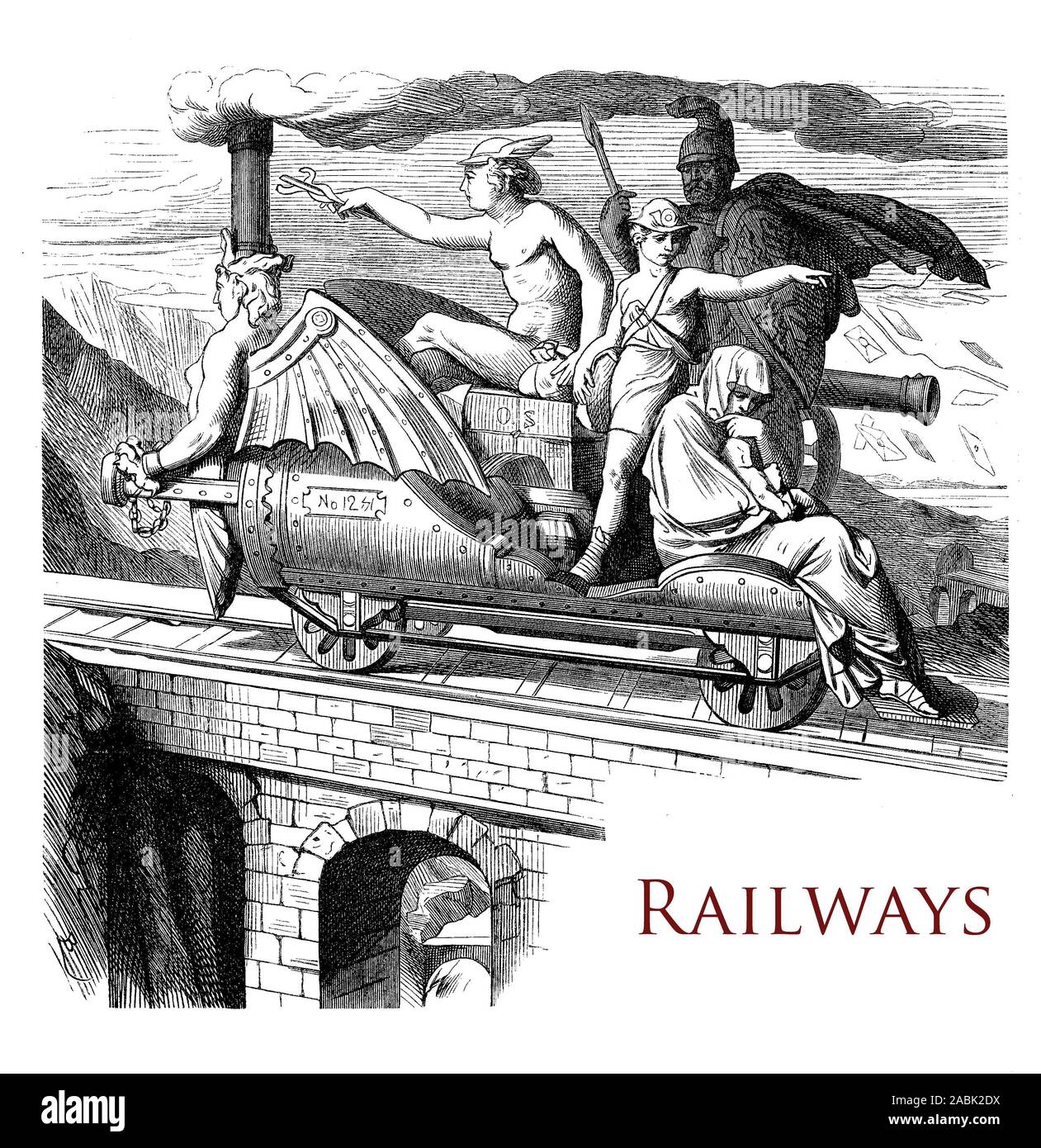 Jahrgang Kapitel Seite beschreibt die Geschichte der Eisenbahn Verkehr und Reisen mit mythologischen Figuren und Gott Hermes als Messenger eingerichtet Stockfoto
