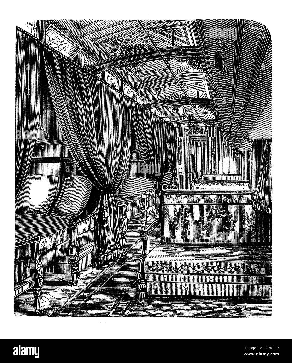 Luxuriöse Schlafzimmer Innenraum auf Zug Eisenbahn in totalem Komfort mit Holzvertäfelung, Betten zu reisen, sitzt, Zimmer und Damastvorhängen, 19. Jahrhundert Stockfoto