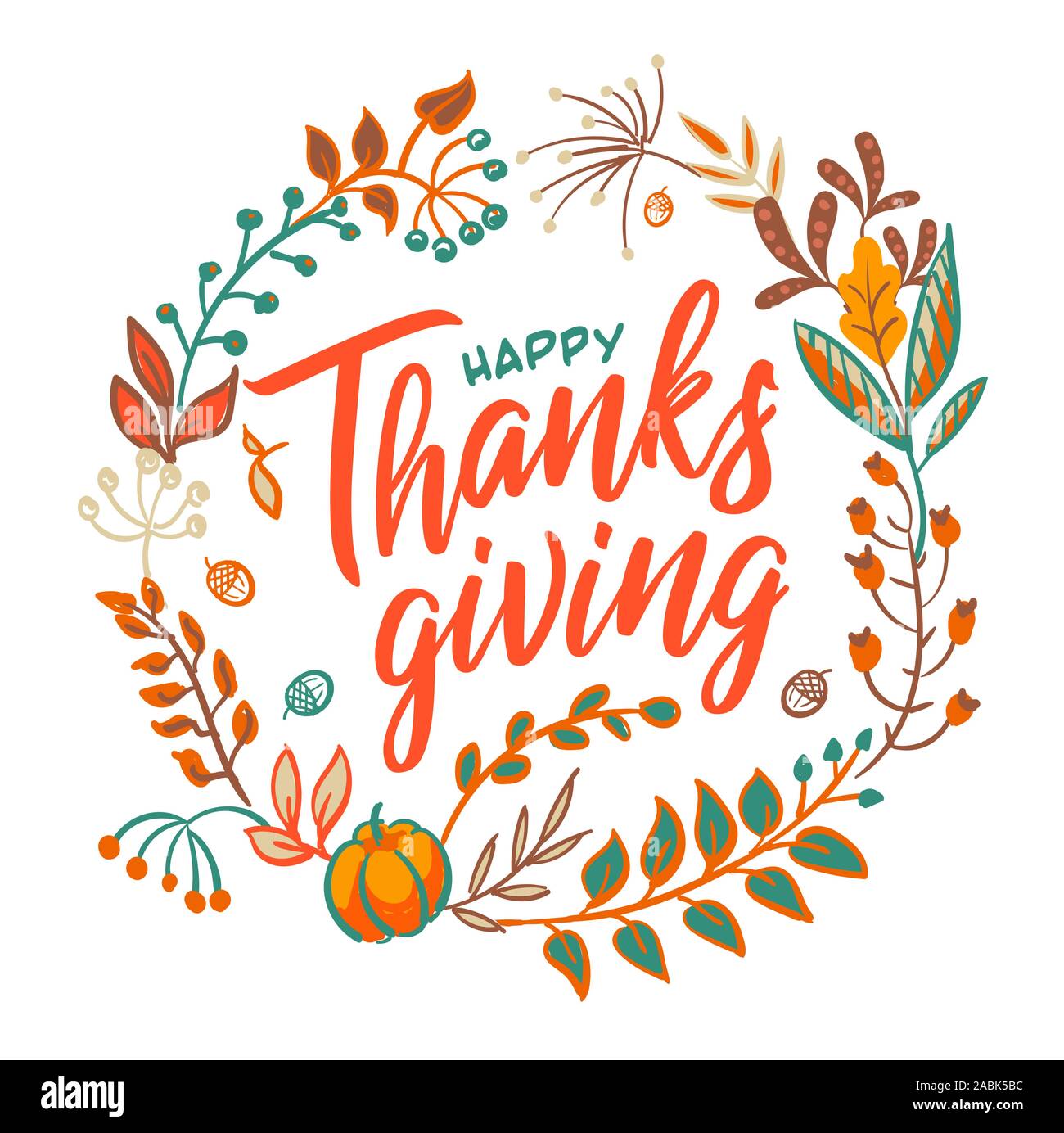 Vektor Hand Happy Thanksgiving Typografie im Herbst Kranz Banner erstellt. Feier Text mit Beeren und Blätter für Postkarte, Symbol oder Abzeichen. Stock Vektor