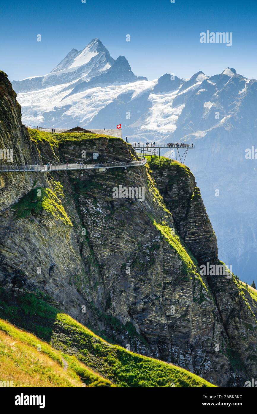 Schweizer Alpen. Die Berge Schreckhorn (4078 m) und Finsteraarhorn (4274 m) mit dem Aussichtspunkt Plattform Erste Klippe entfernt. Berner Alpen, Schweiz Stockfoto