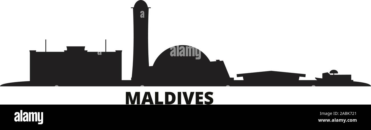 Malediven Skyline der Stadt isoliert Vector Illustration. Malediven reisen Stadtbild mit Referenzmarken Stock Vektor