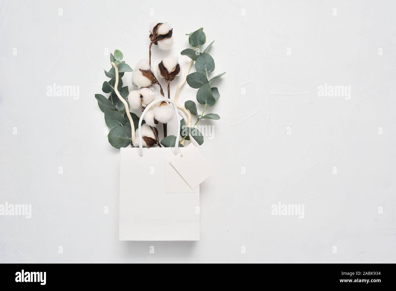 Mock up Herbst getrocknete Blumenstrauß aus Baumwolle Blumen und Blätter von eucaliptus in Weiß-Paket mit Platz für Ihren Text. Grußkarte Design für Poster Stockfoto