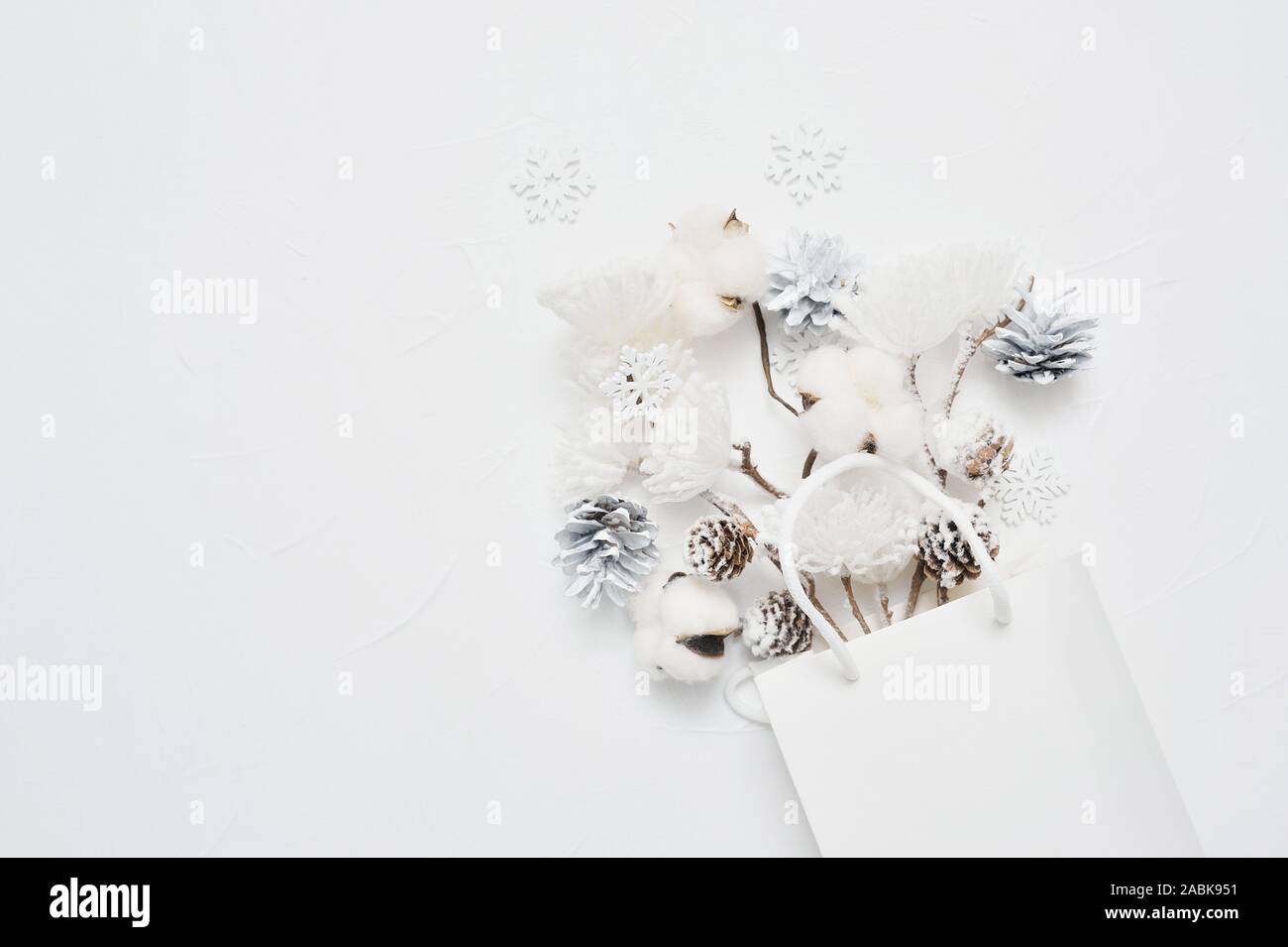 Weihnachten mock up von getrockneten Blumenstrauß aus Baumwolle Blumen, Kegel und Schneeflocken in Weiß-Paket mit Platz für Ihren Text. Grußkarte Design für Poster Stockfoto