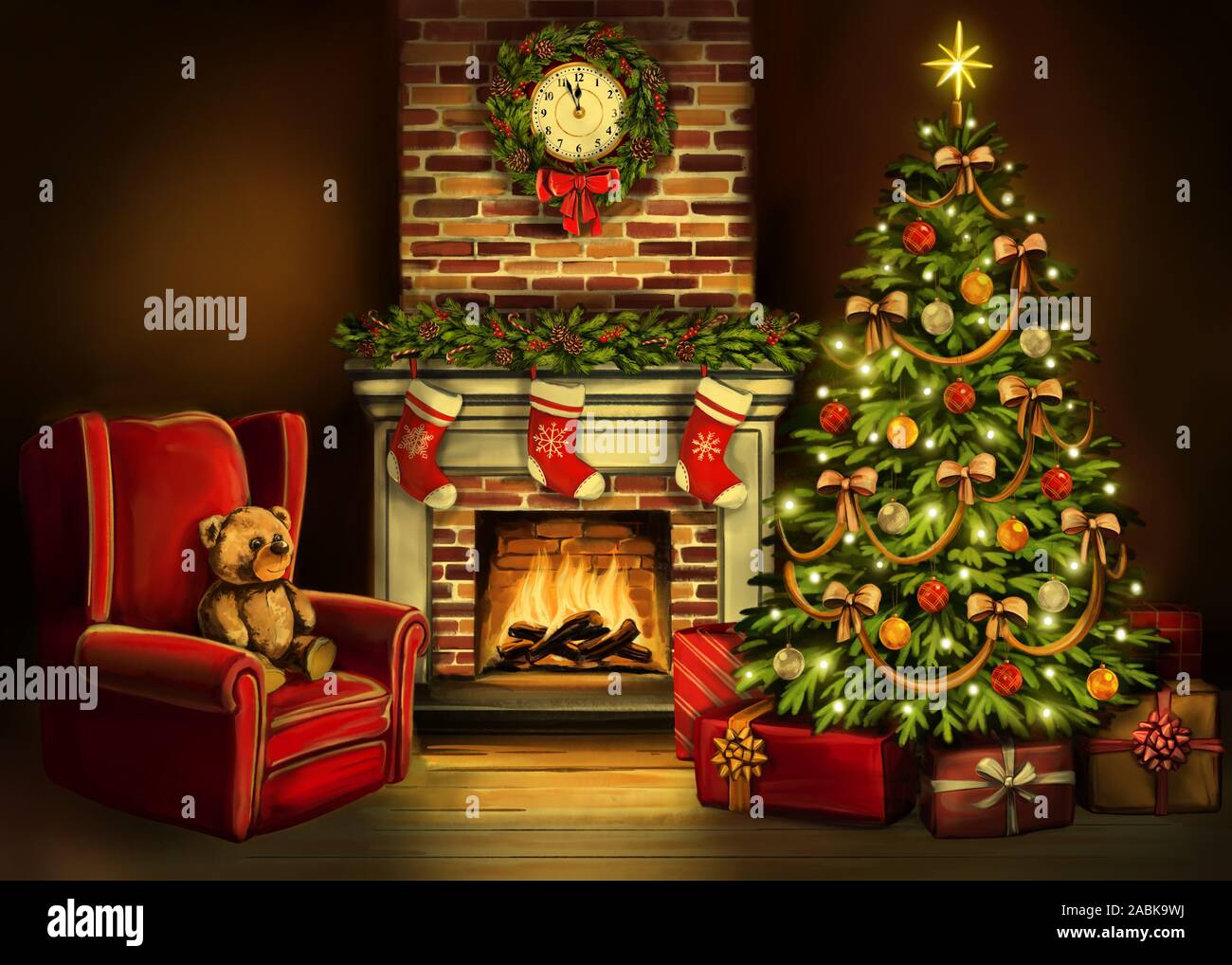 Heiligabend, Zimmer mit Weihnachten Dekoration, Weihnachtsbaum Symbol für Weihnachten und neues Jahr, Grußkarte, Art Illustration mit gemalten Stockfoto