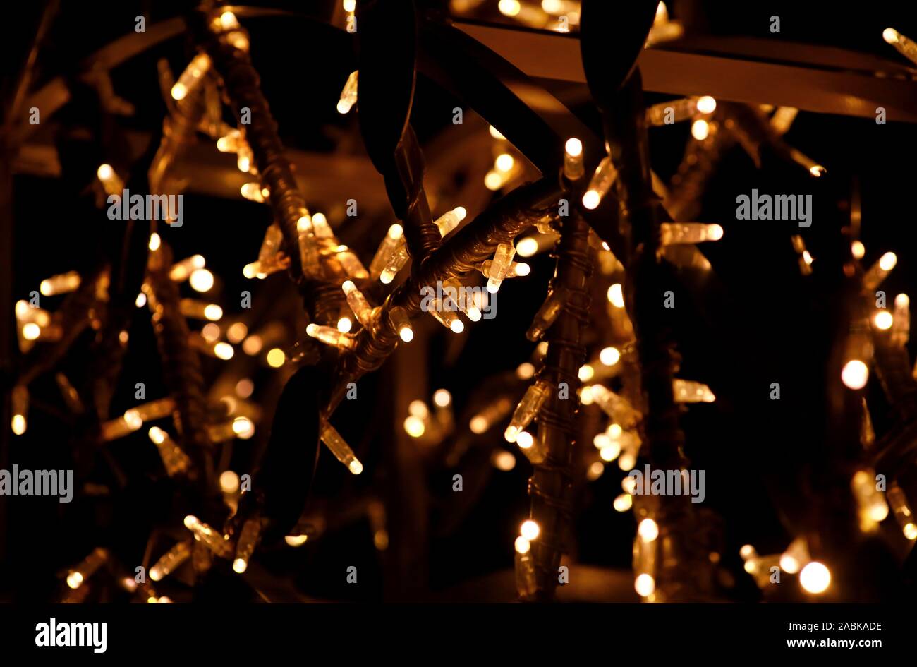 Teil von Weihnachten dekorative gelbe, goldene, weiße Blinkleuchten, hautnah. Detail des Neuen Jahres und Weihnachtsschmuck, string Reis Glühlampen. Stockfoto