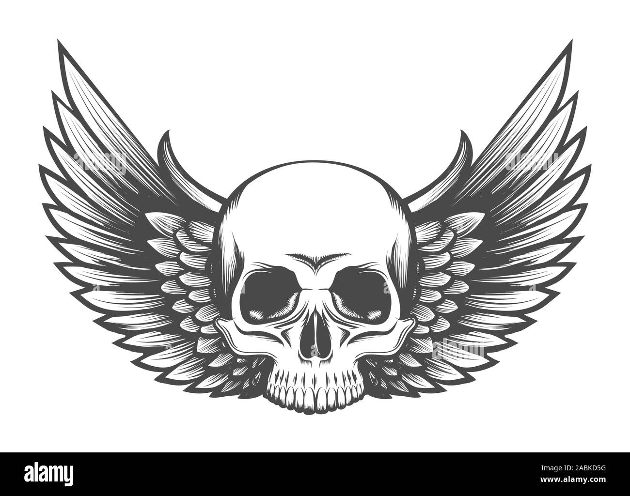 Menschlicher Schädel mit Flügeln Tattoo in Gravur Stil gezeichnet. Vector Illustration. Stock Vektor