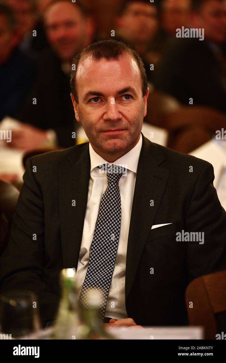 Manfred Weber, Spitzenkandidat für die Wahlen zum Europäischen Parlament von der Europäischen Volkspartei, bei der 54 traditionellen Fisch Abendessen des Schwabinger CSU im Münchner Hofbräuhaus. [Automatisierte Übersetzung] Stockfoto