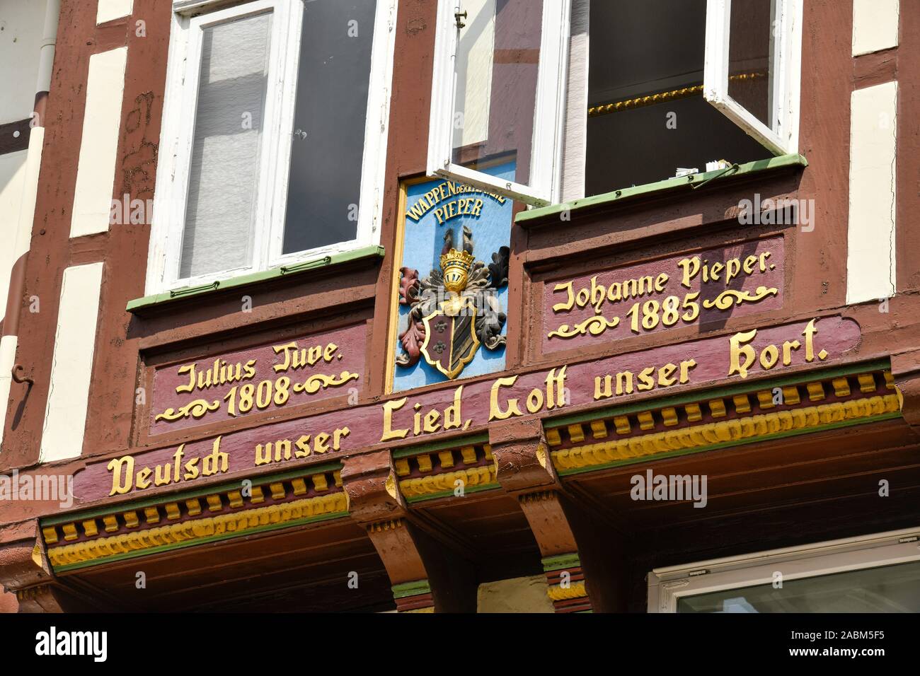 Inschrift Fachwerkhaus, Schuhstraße, Celle, Niedersachsen, Deutschland Stockfoto