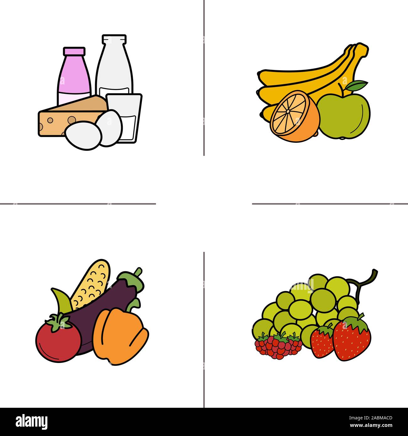 Lebensmittelgeschäft Produkte Kategorien farbige Symbole gesetzt. Obst, Gemüse, Beeren, Milchprodukte. Isolierte Vektorgrafiken Stock Vektor