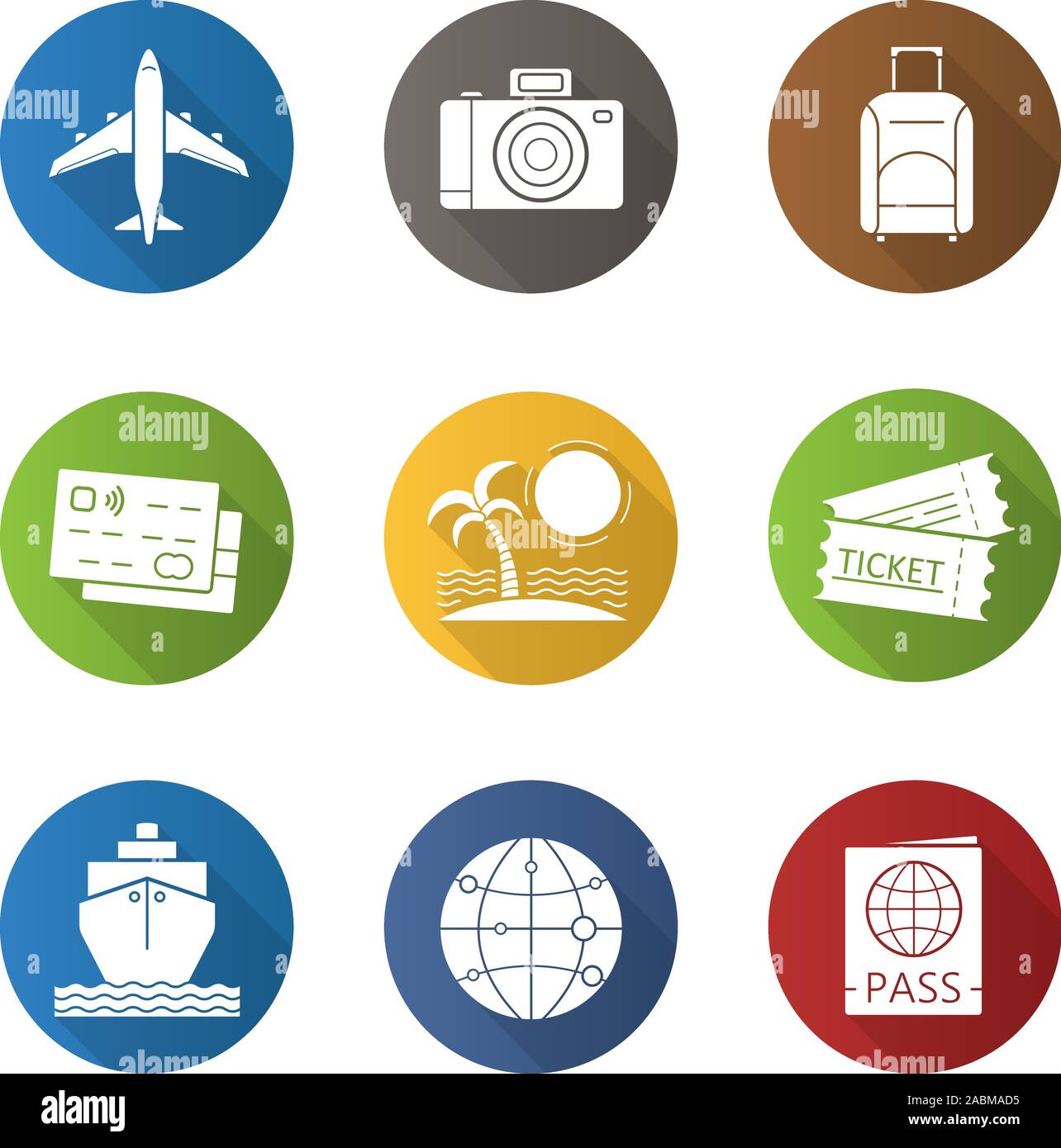 Urlaub und Reisen flache Bauweise lange Schatten Symbole gesetzt. Kreditkarten, Tropical Island, Globus Karte Modell, Kreuzfahrtschiff, Reisepass, Flug, Foto c Stock Vektor