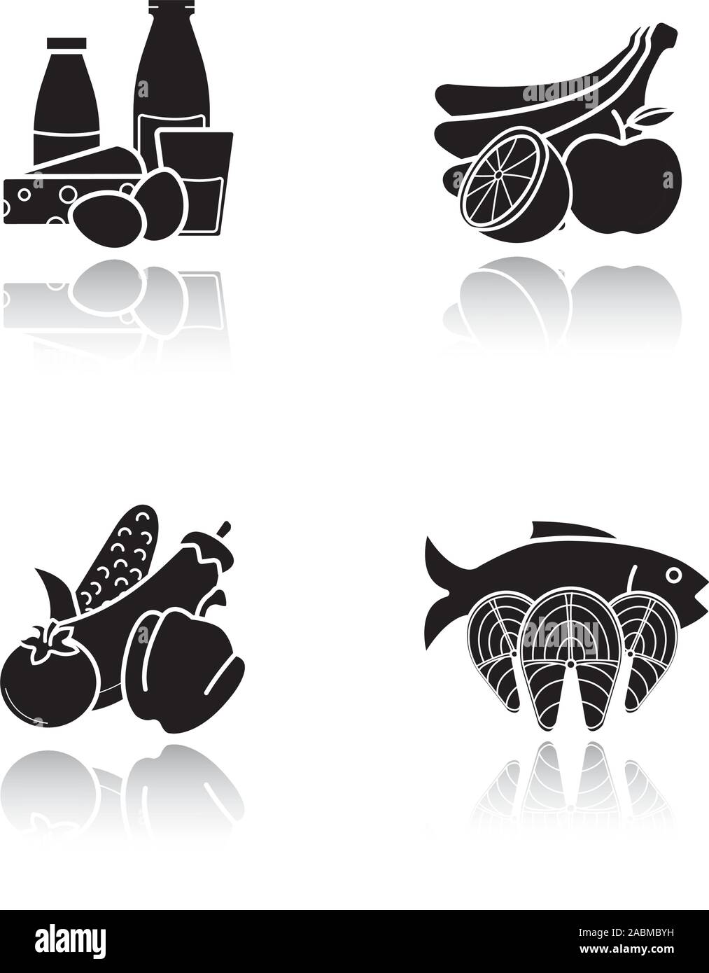 Lebensmittelgeschäft Produkte Schatten schwarze Symbole gesetzt. Essen Kategorien. Milchprodukte, Fisch und Meeresfrüchte, Obst und Gemüse. Isolierte Vektorgrafiken Stock Vektor