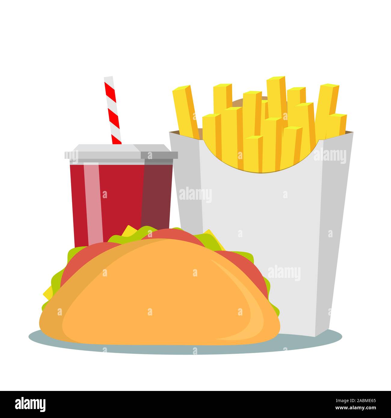 Pommes frites, Sandwich und Soda takeaway Vector Illustration. Fast food Menü Stock Vektor