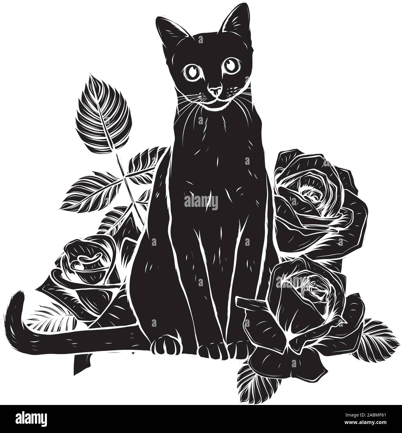 Cartoon flauschige Katze mit Rosen. Siamesische Katze mit offenen Augen und Blumen. Malbuch für Kinder und Erwachsene. Stock Vektor