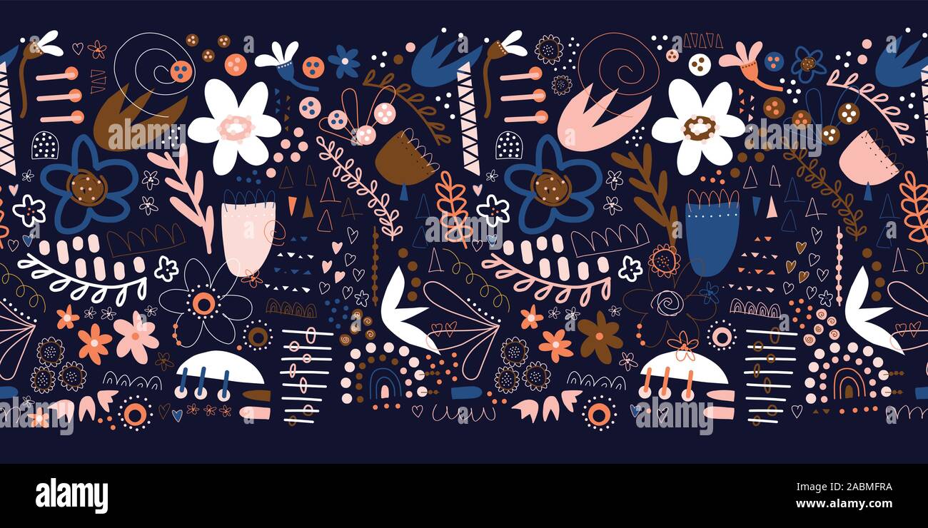 Nahtlose floral doodle Grenze mit Pflanzen und abstrakte Formen in Blau Rosa Weiß Braun. Moderne, sich wiederholendes Muster Design mit Hand Blumen gezeichnet Stock Vektor