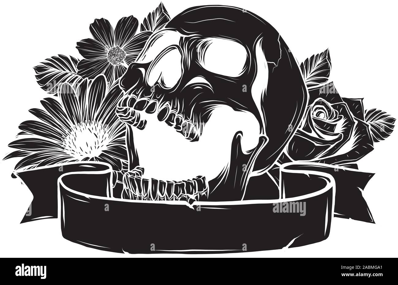 Schädel. Hipster Schädel Silhouette mit Schnurrbart und entstand in Zähne mit Farbband und Blumenstrauß aus Rosen auf einem Hintergrund. Stock Vektor