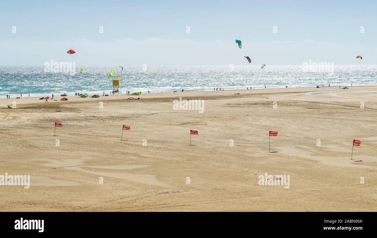 Kite Surfer in Aktion am schönen Sandstrand Playa de Sotavento auf Fuerteventura, Kanarische Inseln, Spanien Stockfoto