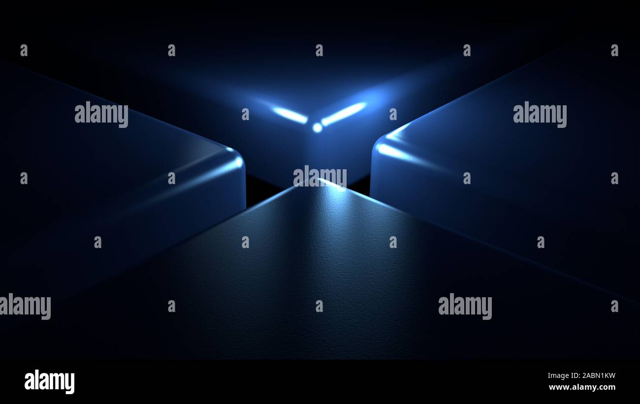 Fantastischer schwarzer Hintergrund mit dreidimensionaler Würfel. 3D-Rendering, 3D-Darstellung. Stockfoto
