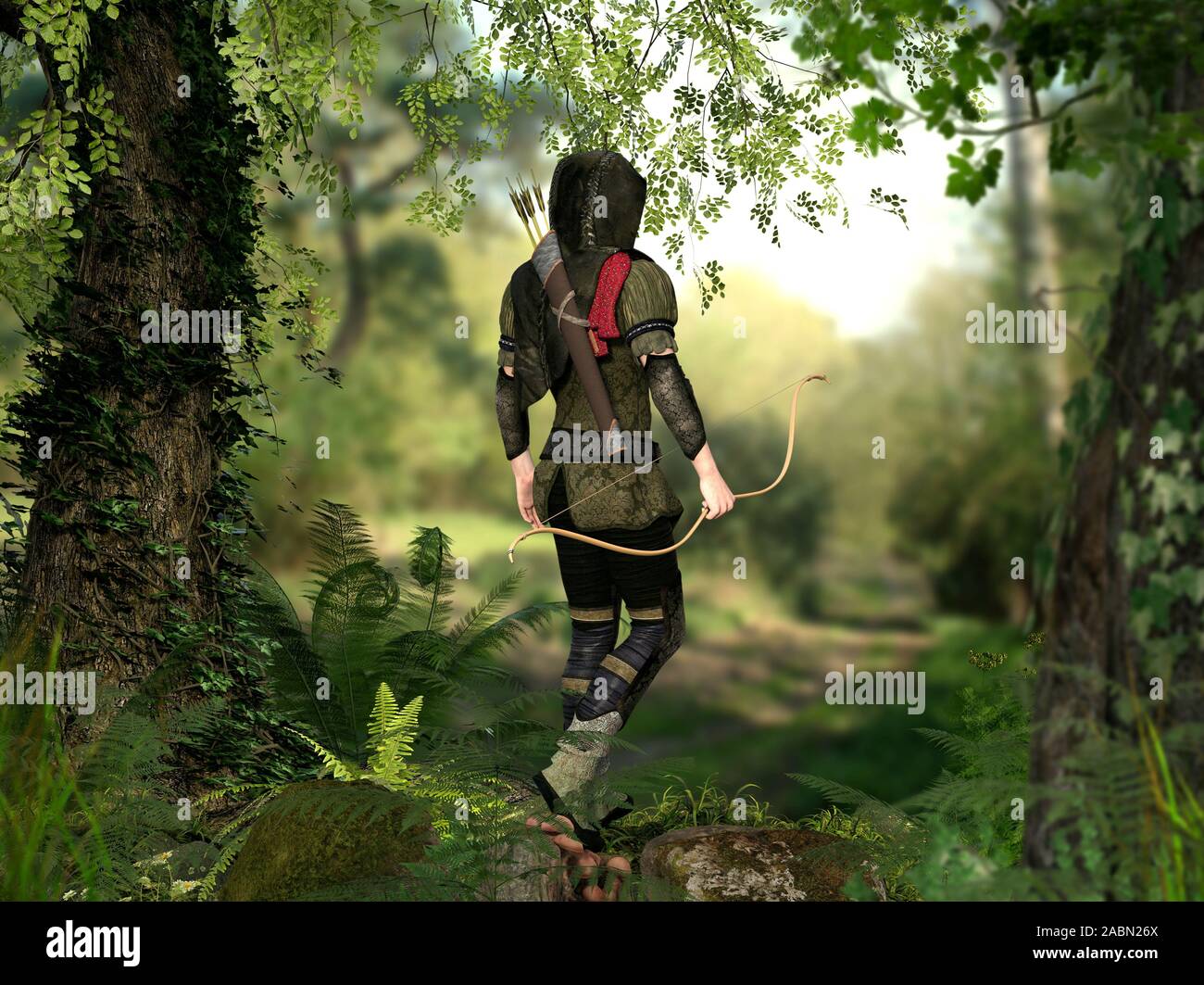 Eine Kapuze, Jäger mit Pfeil und Bogen Spaziergänge durch einen tiefen Wald, 3d-render Elemente Stockfoto