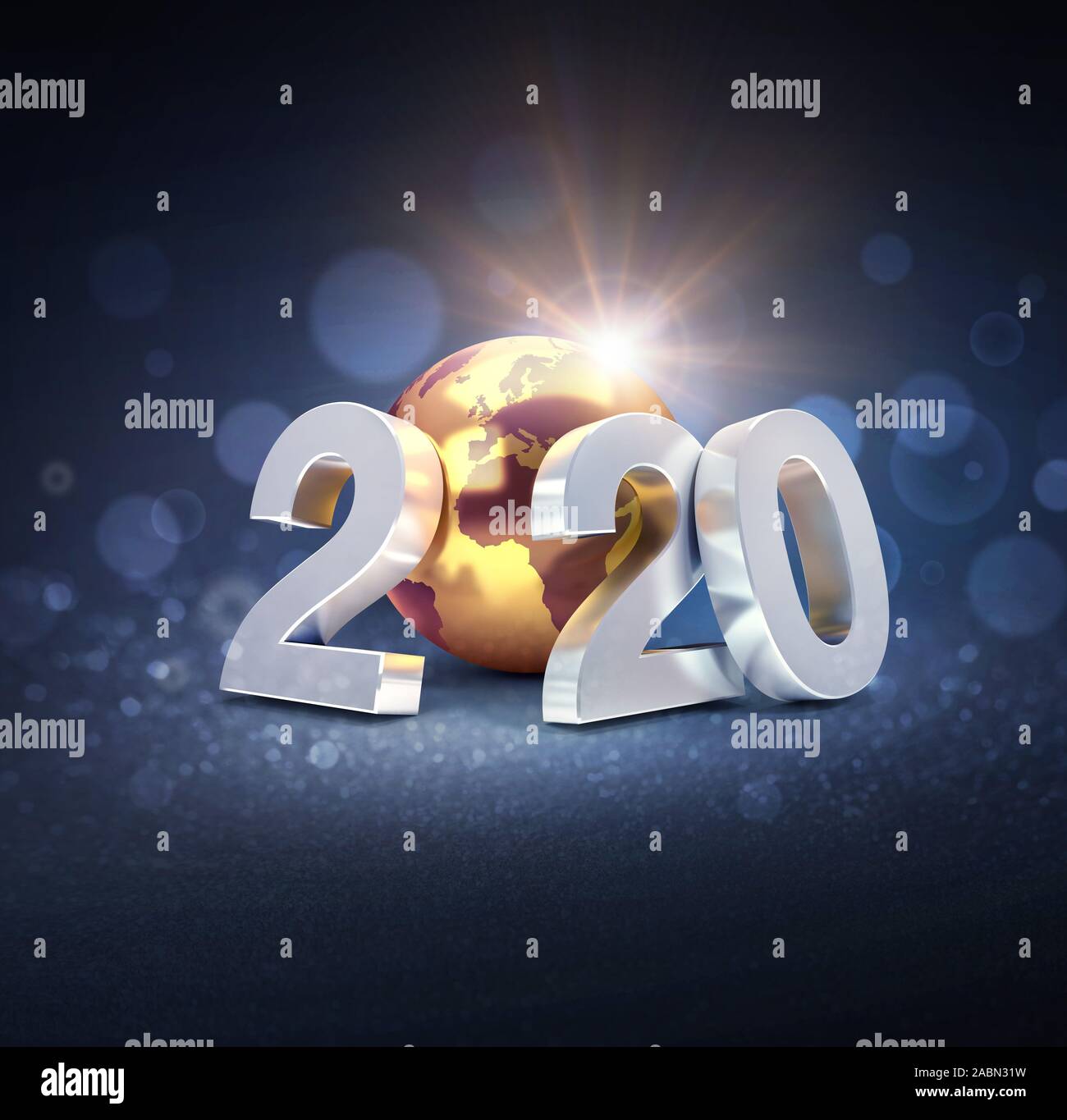 Silber Neu Jahr: 2020 komponiert mit einem gold Planet Erde, auf einem glitzernden schwarzen Hintergrund - 3D-Darstellung Stockfoto