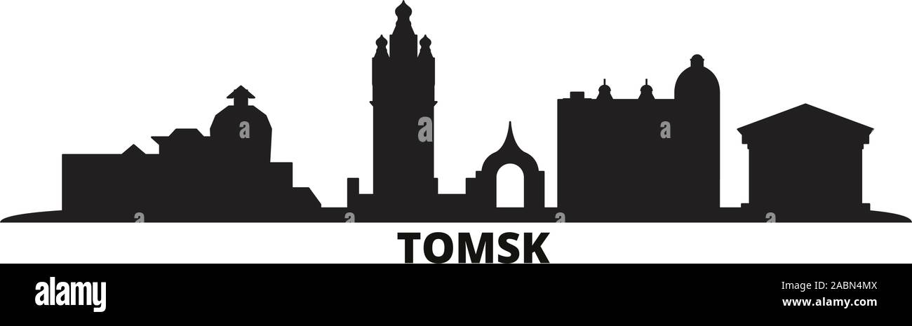 Russland Tomsk Skyline der Stadt isoliert Vector Illustration. Russland Tomsk Reisen schwarz Stadtbild Stock Vektor