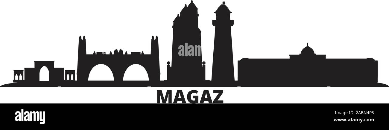 Russland, Magas Skyline der Stadt isoliert Vector Illustration. Russland, Magas Travel schwarz Stadtbild Stock Vektor